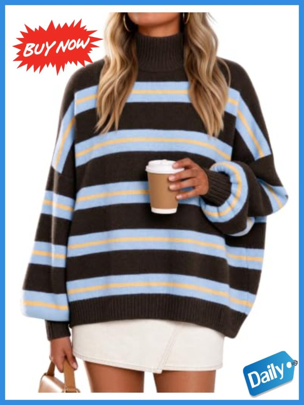 Women's Oversized Turtleneck Sweater Fuzzy Knit Lantern Sleeve Pullover